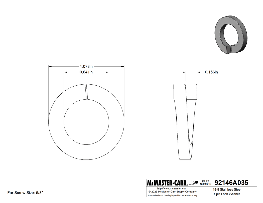 Technical Drawing of 18-8 Stainless Steel Split Lock Washer, for 5/8" Screw Size, 0.641" ID, 1.073" OD.